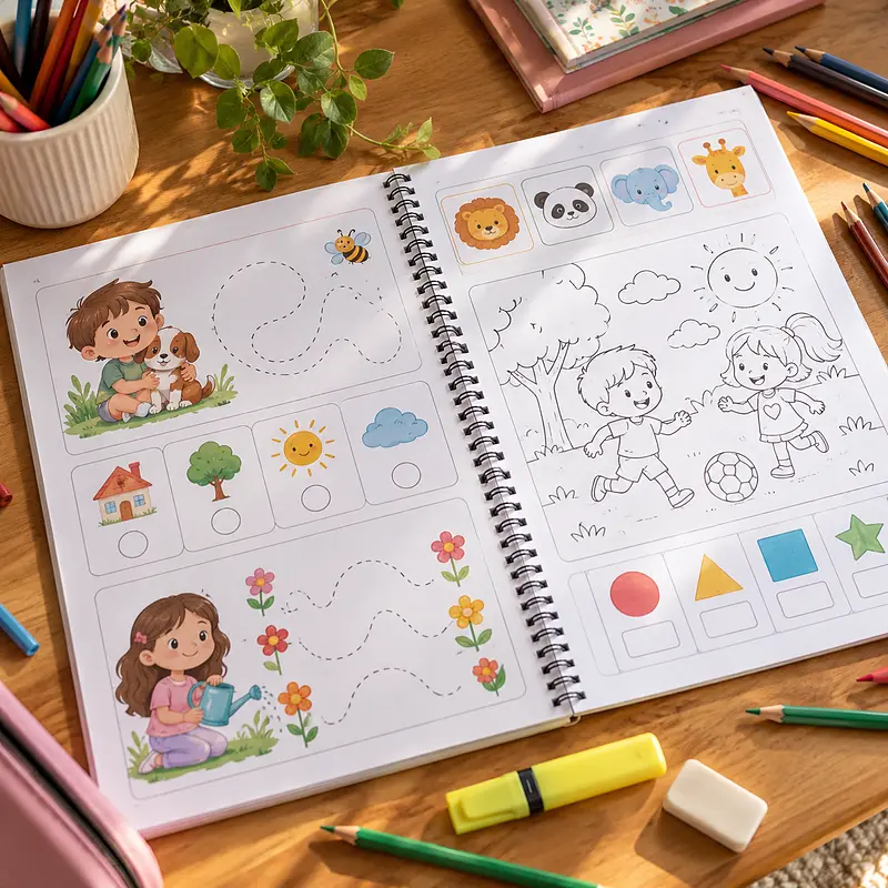 Caderno A4 impresso com espiral sobre mesa de madeira clara, com lápis de cor e marcador
