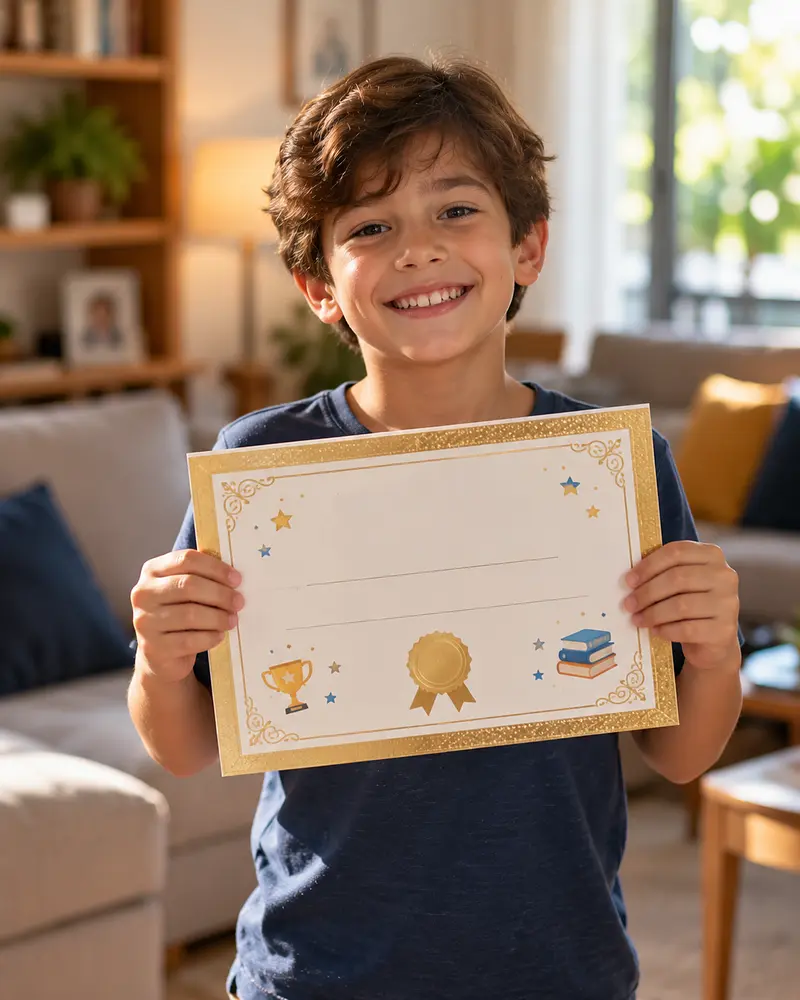 Criança de 9 anos segurando, orgulhosa, um certificado impresso