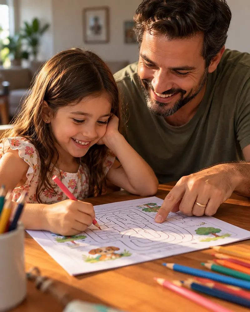 Pai e filha de 7 anos resolvendo juntos um labirinto no papel, rindo